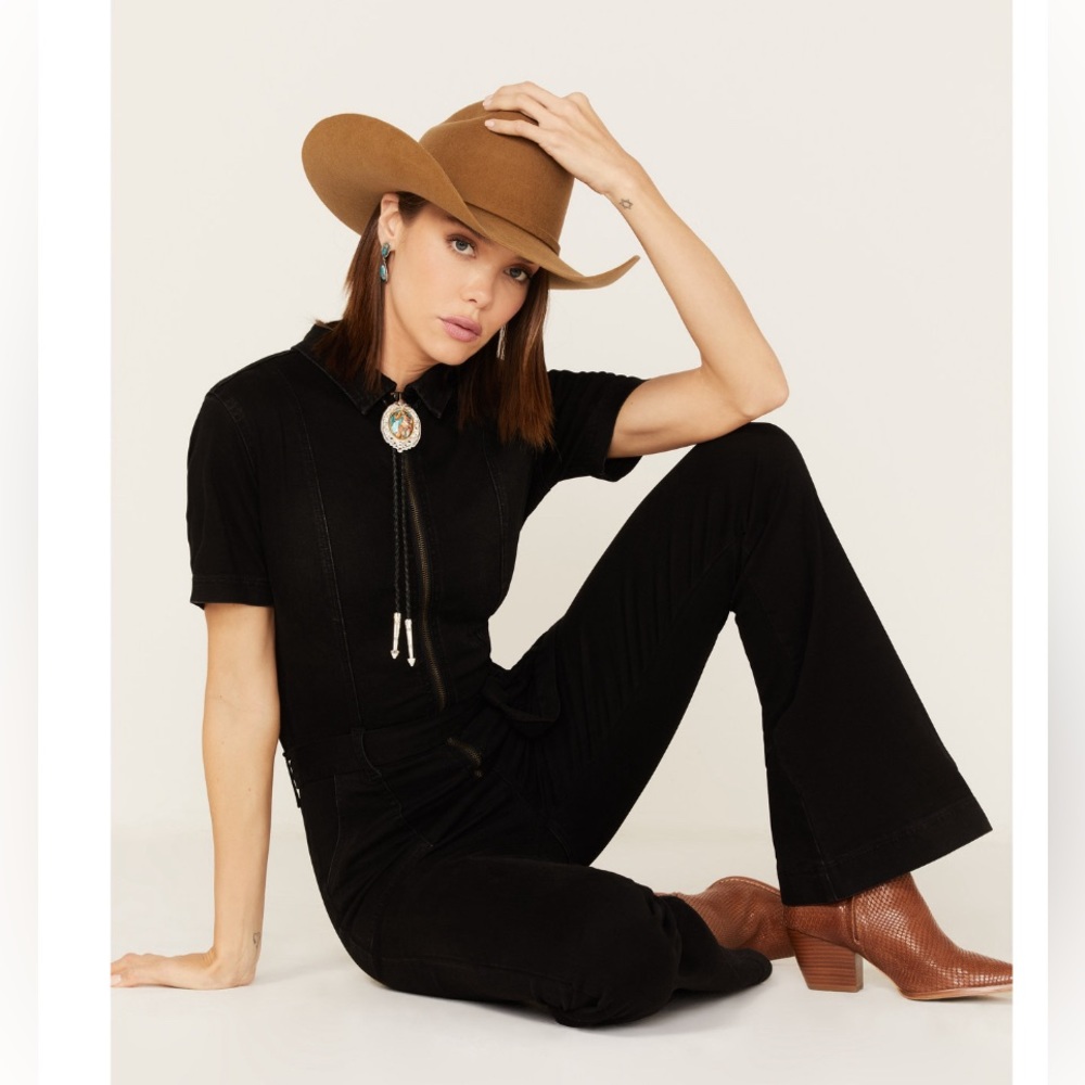 Stetson Tie Waist Flare Stretch Denim Jumpsuit Black Sz Large